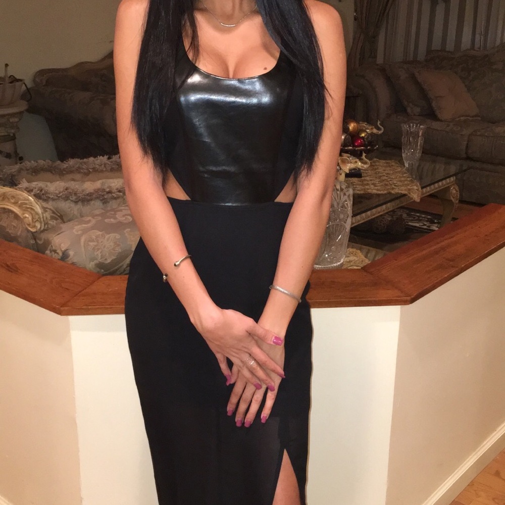 Sexy leather, black side slit dress.